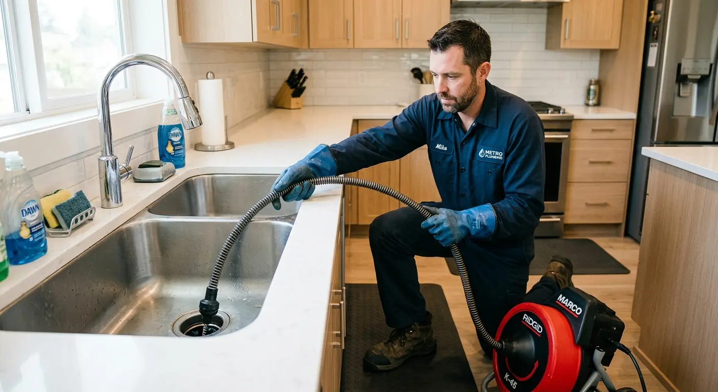 Drain cleaning technician using a motorized snake on a kitchen sink in Henderson