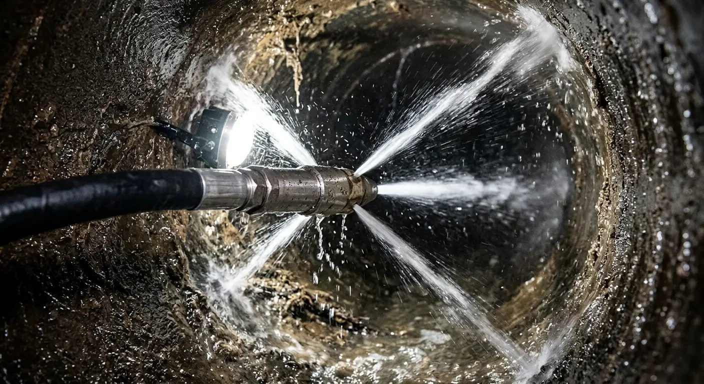 High-pressure hydro jetting nozzle cleaning sewer pipe for Trenchless Sewer Repair in Henderson