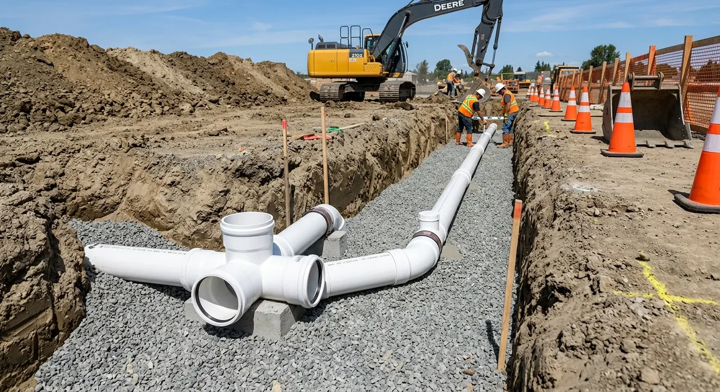 New PVC sewer pipe installation in open trench for Commercial Drain Cleaning in Henderson